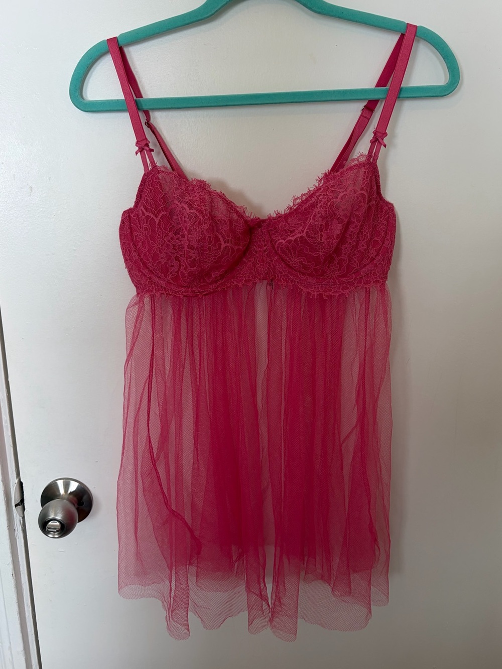 Victoria's Secret Babydoll Negligee lace mesh unlined pink bows size XL lingerie